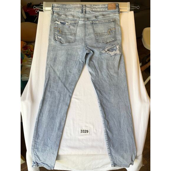 American Eagle Women Skinny Jeans size 16R US Blue Mid Rise Stretch Frayed - Picture 10 of 12
